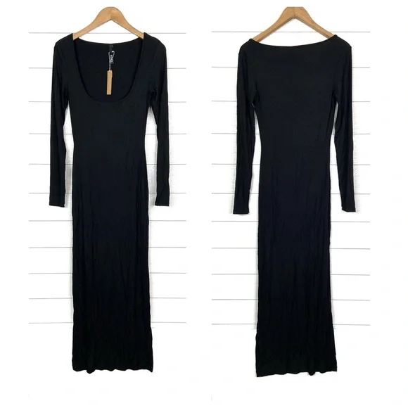 NWT SKIMS Black Long Sleeve Rib Maxi Dress Large New - Picture 2 of 4
